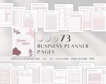 May include: A printable business planner with 73 pages. The planner includes pages for daily business plans, password trackers, order forms, profit trackers, snowball trackers, supplier lists, return trackers, contact lists, bills and subscriptions, payment trackers, e-mail campaigns, SWOT analysis, project budgets, to-do lists, giveaway trackers, business checklists, shipping trackers, and sales programs. The planner is available in A5, A4, US Letter, and Half Letter sizes.