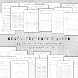 May include: A black and white printable planner for rental property management. The planner includes pages for tracking income, expenses, debt, credit score, and more. The text "RENTAL PROPERTY PLANNER" is at the top of the page, with the text "25 PAGES | INSTANT DOWNLOAD" below it.