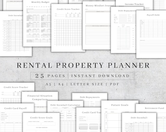 May include: A black and white printable planner for rental property management. The planner includes pages for tracking income, expenses, debt, credit score, and more. The text "RENTAL PROPERTY PLANNER" is at the top of the page, with the text "25 PAGES | INSTANT DOWNLOAD" below it.