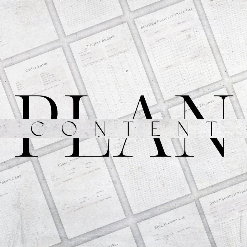 May include: A set of printable planner pages with a gray and white background. The pages include titles such as "Order Form", "Project Budget", "Starting Business Check List", "Income Log", "Class Overview", "Debt Snowball Tracker", "Blog Income Log", and "Planner".
