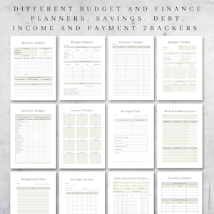 May include: A printable set of budget and finance planners, trackers, and worksheets. The pages are white with black text and a light green background. The pages include sections for monthly budget, budget planner, expense tracker, budget tracker, income tracker, savings plan, bills and subscriptions, budgeting notes, savings tracker, debt snowball tracker, and vacation budget.