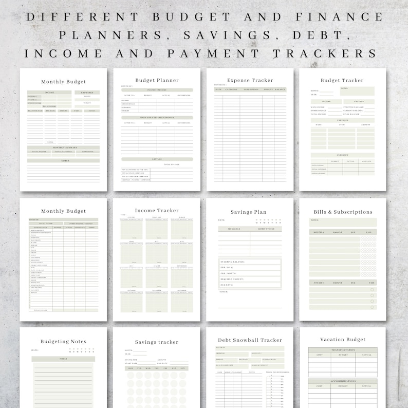 May include: A printable set of budget and finance planners, trackers, and worksheets. The pages are white with black text and a light green background. The pages include sections for monthly budget, budget planner, expense tracker, budget tracker, income tracker, savings plan, bills and subscriptions, budgeting notes, savings tracker, debt snowball tracker, and vacation budget.
