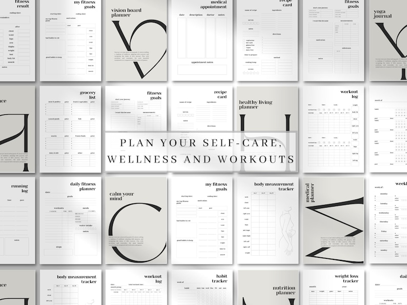 May include: A collection of printable planner pages featuring black text on white backgrounds. The sheets include headers such as fitness goals, medical appointment, recipe card, grocery list, workout log, and body measurement tracker. The center text reads: PLAN YOUR SELF-CARE, WELLNESS AND WORKOUTS.