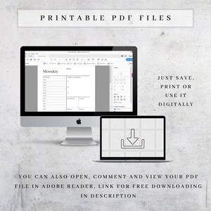 Puede incluir: Una pantalla de ordenador que muestra un archivo PDF imprimible de un planificador diario. El planificador tiene una secci&oacute;n para "Lunes" e incluye un horario, notas y espacio para el desayuno, el almuerzo y la cena. El texto "JUST SAVE, PRINT OR USE IT DIGITALLY" se muestra en el lado derecho de la imagen. El texto "YOU CAN ALSO OPEN, COMMENT AND VIEW YOUR PDF FILE IN ADOBE READER, LINK FOR FREE DOWNLOADING IN DESCRIPTION" se muestra en la parte inferior de la imagen.