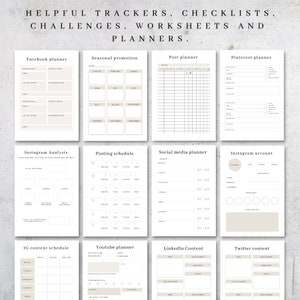 May include: A collection of printable social media planners and trackers. The pages include templates for Facebook, Instagram, Pinterest, YouTube, and LinkedIn. The text at the top reads: "HELPFUL TRACKERS, CHECKLISTS, CHALLENGES, WORKSHEETS AND PLANNERS."