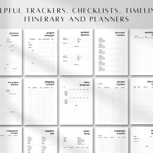 May include: A set of 12 printable black and white trackers, checklists, timelines, itineraries, and planners. The titles include giveaway tracker, project manager, product planner, keyword tracker, monthly sales tracker, my project planner, shipping tracker, sales program, income tracker, advertising tracker, assignment tracker, supplier list, order form, campaign tracker, and meeting planner.