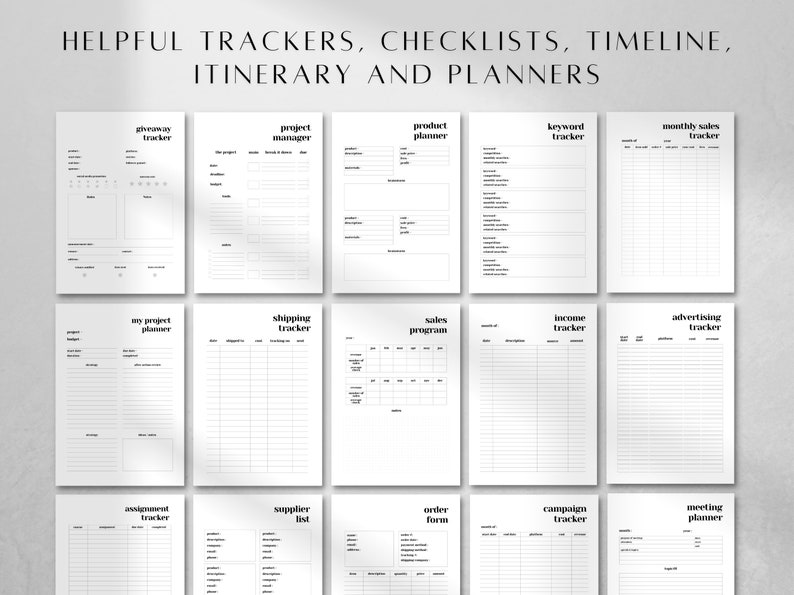 May include: A set of 12 printable black and white trackers, checklists, timelines, itineraries, and planners. The titles include giveaway tracker, project manager, product planner, keyword tracker, monthly sales tracker, my project planner, shipping tracker, sales program, income tracker, advertising tracker, assignment tracker, supplier list, order form, campaign tracker, and meeting planner.
