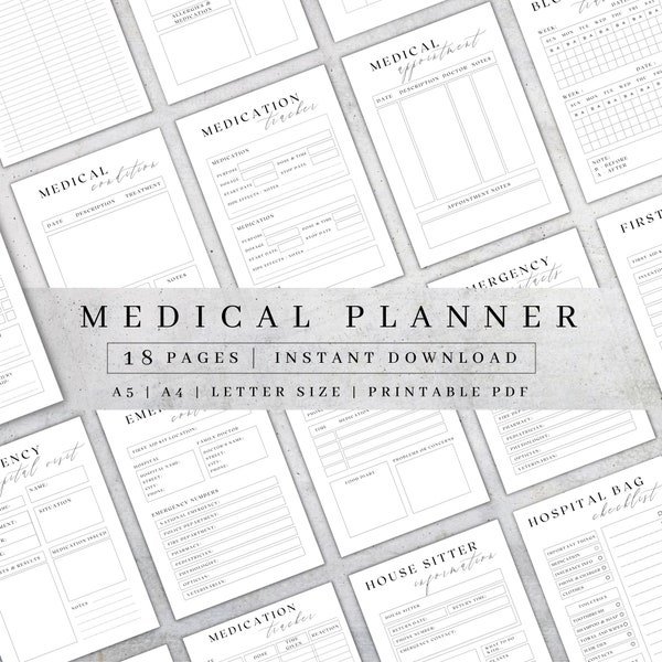 Druckbarer medizinischer Planer | Wellness Journal PDF | Pflege Binder | Medizinische Drucke | Medikamente Tracker | Blutdruck Log | HP A5, A4