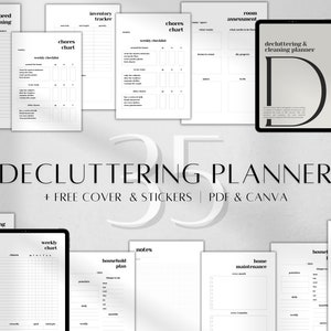 Puede incluir: Un planificador imprimible en blanco y negro con el texto "Decluttering Planner + Free Cover & Stickers | PDF & Canva". El planificador incluye páginas para tareas diarias, tareas domésticas, evaluación de habitaciones, seguimiento de inventario, limpieza rápida, listas de verificación semanales, plan de hogar, mantenimiento del hogar, notas y limpieza de primavera.