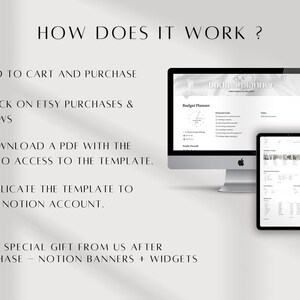 K&ouml;nnte beinhalten: Ein Computermonitor und ein Tablet zeigen eine Budgetplaner-Vorlage. Der Text "HOW DOES IT WORK?" steht oben, mit Schritten zum Kauf und Zugriff auf die Vorlage. Das Design ist minimalistisch mit einem Schwarz-Wei&szlig;-Farbschema.