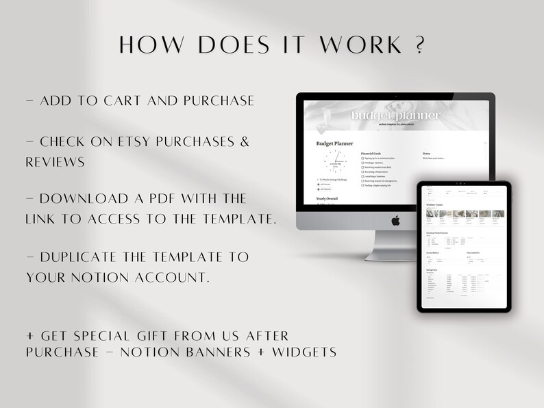 K&ouml;nnte beinhalten: Ein Computermonitor und ein Tablet zeigen eine Budgetplaner-Vorlage. Der Text "HOW DOES IT WORK?" steht oben, mit Schritten zum Kauf und Zugriff auf die Vorlage. Das Design ist minimalistisch mit einem Schwarz-Wei&szlig;-Farbschema.