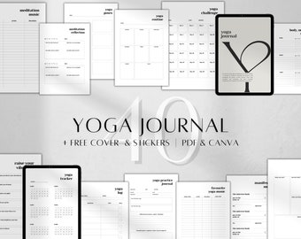 May include: A set of printable yoga journal pages in black and white. The pages include sections for tracking yoga practice, meditation, and setting goals. The text "YOGA JOURNAL + FREE COVER & STICKERS | PDF & CANVA" is displayed at the bottom of the image.