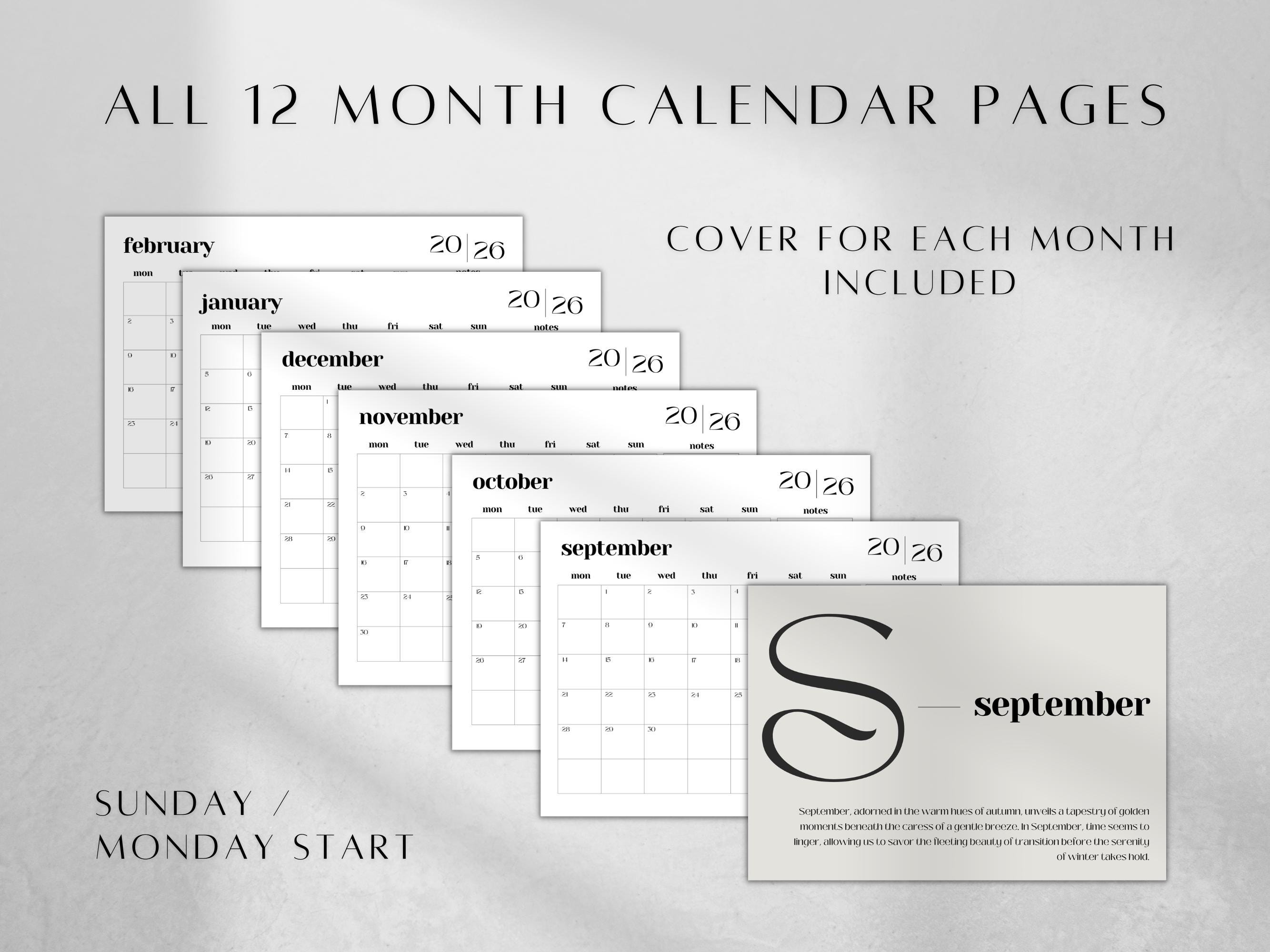 Minimalist 2026 Calendar Landscape | Printable Monthly Dated Planner ...