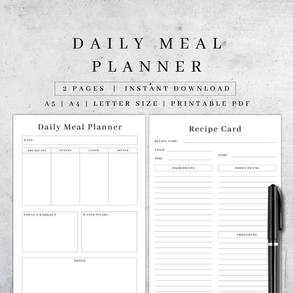 Daily Meal Planner Printable | Menu Planner Sheet | Diet Planner | Fitness Journal | Wellness Workbook Pages | Digital Food Planner | PDF A5