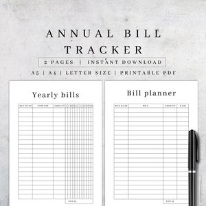 Jährlicher Bill Tracker Printable | Jahresplaner | Checkliste Rechnungszahlung | Geldscheinstamm PDF | Ausgaben-Tracker | Digitaler Haushaltsplaner A5 A4