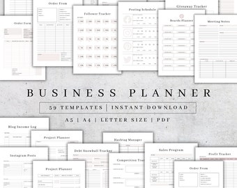Planificador de negocios imprimible / 59 plantillas / Hojas organizadoras para pequeños vendedores de Etsy en formato PDF (A4, A5, Carta)