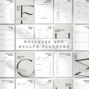 May include: A collection of printable wellness and health planner pages featuring black text on a light grey background. The sheets include templates for fitness goals, grocery lists, workout logs, medical appointments, and body measurement trackers.