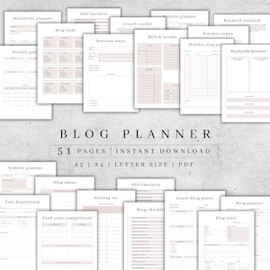 Op de afbeelding: Een printbare blogplanner met 51 pagina's, inclusief secties voor websiteplanning, trefwoordonderzoek, blogideeën, SEO-checklists en meer. De planner is ontworpen in een minimalistische stijl met een lichtroze en wit kleurenschema.