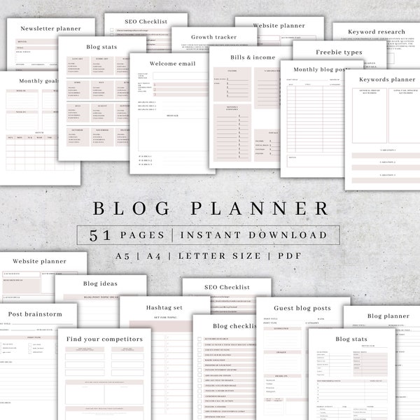 Blog Planner Printable Content Calendar, Goal Tracker A5, A4, US Letter, PDF