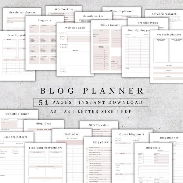 Blogplanner PDF | Digitale blogplannerpagina's | Afdrukbare websiteplanner | Maandelijks inhoudsschema | Doeltracker | Takenlijst A5, A4