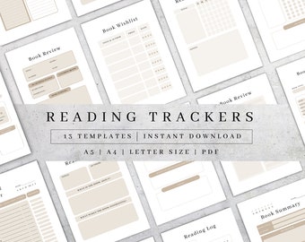 May include: A collection of printable reading trackers in beige and white. The image displays various templates for book reviews, wishlists, and reading logs. Text on the image reads "Reading Trackers" and "13 Templates | Instant Download". Available in A5, A4, and Letter sizes.