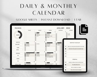 Google Sheets Calendar | Daily Monthly Task Planner | To-Do List Productivity Tracker Organizer