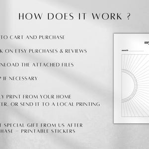 May include: A digital instruction guide titled HOW DOES IT WORK? detailing steps to purchase, download, and print a gratitude tracker. The tracker features a sunburst design with a central semi-circle and the text my gratitude tracker.