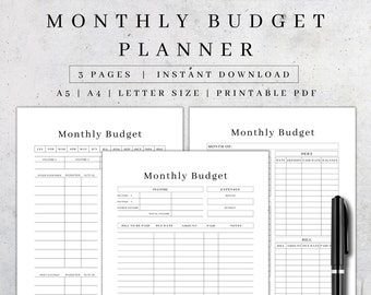 Maandelijkse budgetplanner afdrukbaar | Financieel dagboek | Maandelijks budgetblad PDF | Werkblad Persoonlijk Budget | Kosten- en inkomstentracker A5 A4