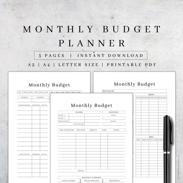 Monthly Budget Planner Printable | Financial Journal | Monthly Budget Sheet PDF | Personal Budget Worksheet | Expense & Income Tracker A5 A4