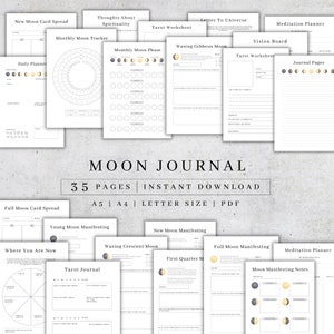May include: A printable moon journal with 35 pages, including a monthly moon tracker, daily planner, tarot worksheet, vision board, and journal pages. The journal is designed to help you track your moon cycle and manifest your dreams.