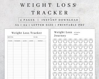 Registro de pérdida de peso imprimible / Diario de objetivos de fitness (PDF, tamaños A5, A4 y Carta)