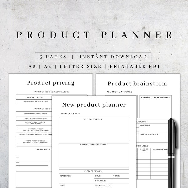 Druckbare Produkt-Planer-Seiten | Digitaler Business Planner | Produktpreisrechner | Preise Arbeitsblatt PDF A5, A4 | Produkt-Organizer-Kit