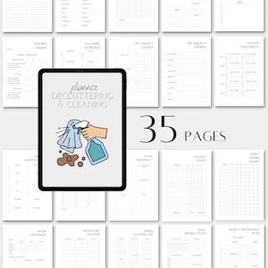 May include: A digital tablet displaying a cover page titled planner DECLUTTERING & CLEANING with a graphic of a hand using a spray bottle and cloth, surrounded by 35 pages of various household chore charts, cleaning schedules, and tracking templates.