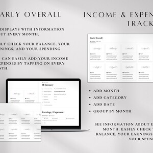 Pode incluir: Um rastreador digital de renda e despesas exibido em um laptop e tablet. A tela mostra uma vis&atilde;o geral anual com divis&otilde;es mensais. O texto inclui "Yearly Overall" e "Income & Expense Tracker".