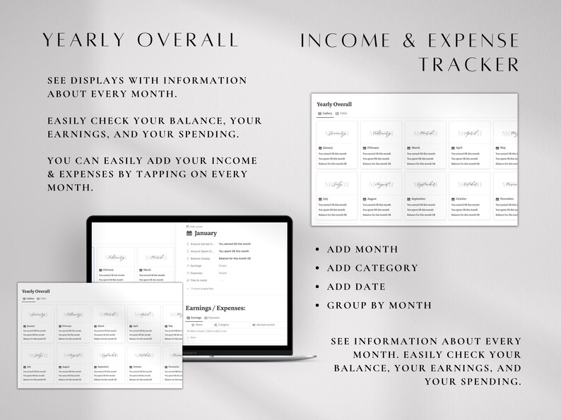 Pode incluir: Um rastreador digital de renda e despesas exibido em um laptop e tablet. A tela mostra uma vis&atilde;o geral anual com divis&otilde;es mensais. O texto inclui "Yearly Overall" e "Income & Expense Tracker".
