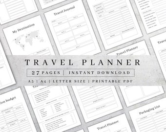 Könnte beinhalten: Ein druckbarer Reiseplaner mit 27 Seiten, darunter ein Reisetagebuch, eine Reiseroute, eine Packliste, ein Budget und eine Liste mit Familienpflichten. Der Planer ist in den Größen A5, A4 und Letter erhältlich.