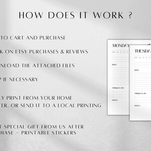 May include: A printable planner with instructions on how to purchase, download, and print the planner. The planner includes sections for Monday, Tuesday, and Wednesday with space for a brief, things to do, and notes.
