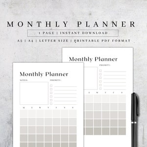 May include: A printable monthly planner with two pages. The left page has a calendar grid with a notes section and a priority list. The right page has a calendar grid with a priority list. The text "Monthly Planner" is at the top of each page.