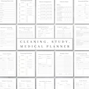 May include: A printable planner with black text on a white background. The planner includes sections for cleaning, study, and medical information. The sections include checklists, charts, and trackers.