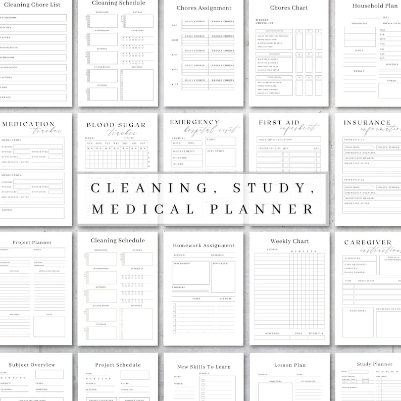 May include: A printable planner with black text on a white background. The planner includes sections for cleaning, study, and medical information. The sections include checklists, charts, and trackers.