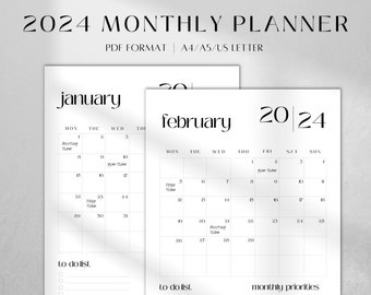 Monthly Planner Printable 2024 | PDF Monthly Calendar 2024 | Minimalist Monthly Page Print| A5/A4/US Letter Monthly Planner Inserts Download