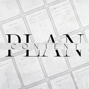 May include: A set of printable planner pages with a gray and white background. The pages include titles such as "Order Form", "Project Budget", "Starting Business Check List", "Income Log", "Class Overview", "Debt Snowball Tracker", "Blog Income Log", and "Planner".
