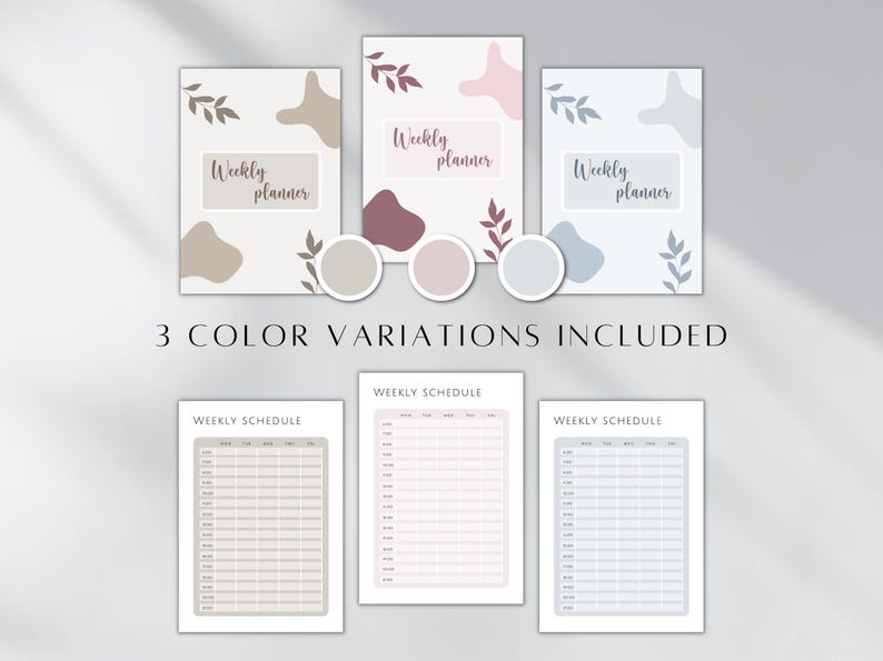 May include: Three printable weekly planner templates with different color schemes. The templates feature a simple design with abstract shapes and leaves. The text "Weekly Planner" is included on each template. The templates are ready to be printed and used for planning your week.