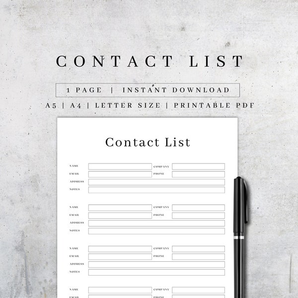 Contact List Printable | Small Business Planner | Address Tracker PDF | Digital Address Book | E-mails Contact Information Log A5/A4/Letter