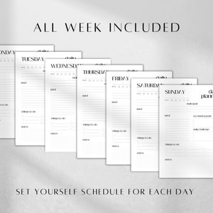 May include: A set of seven printable daily planner pages, each with a different day of the week title. The pages are designed for scheduling and include sections for "to do", "notes", and "daily goals".