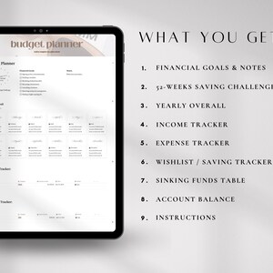 Pode incluir: Um planejador de or&ccedil;amento digital exibido em um tablet. A tela mostra um layout detalhado de planejamento financeiro com se&ccedil;&otilde;es para metas financeiras, renda, despesas e economias. O texto "WHAT YOU GET" &eacute; exibido com uma lista de recursos.