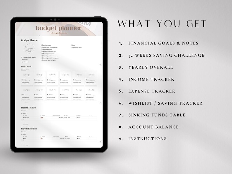 Pode incluir: Um planejador de or&ccedil;amento digital exibido em um tablet. A tela mostra um layout detalhado de planejamento financeiro com se&ccedil;&otilde;es para metas financeiras, renda, despesas e economias. O texto "WHAT YOU GET" &eacute; exibido com uma lista de recursos.