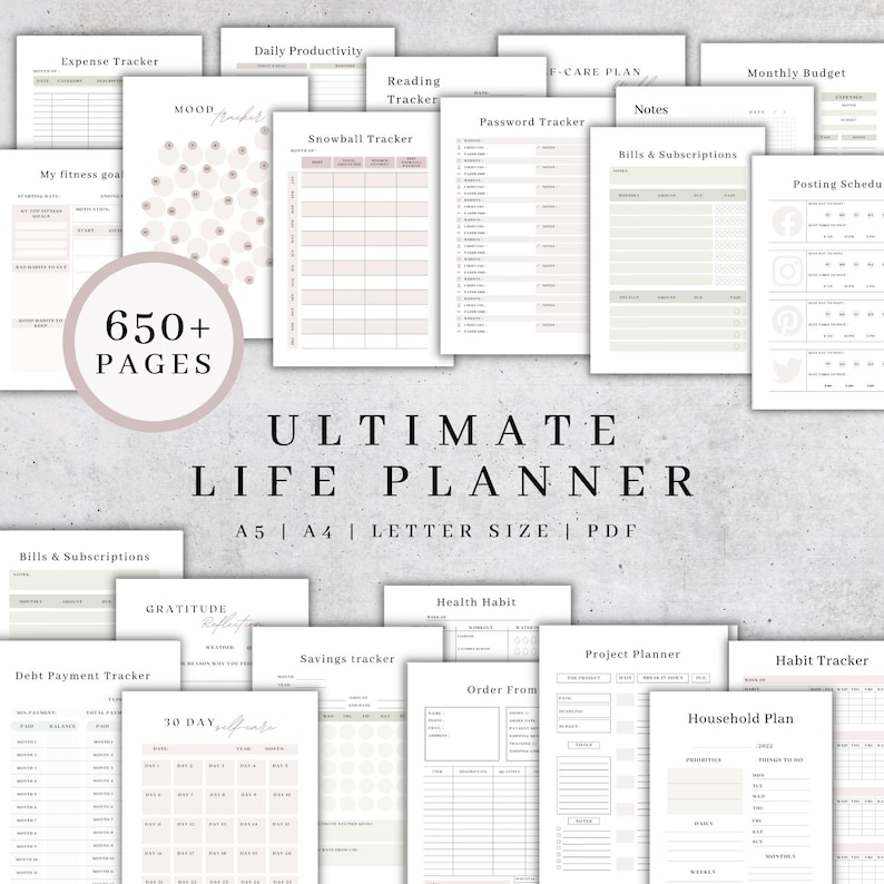 Op de afbeelding: Een verzameling afdrukbare plannerpagina's, waaronder onkosten trackers, gewoontetrackers en een maandbudget. De titel "ULTIMATE LIFE PLANNER" wordt weergegeven, samen met "650+ PAGES". Beschikbaar in A5, A4 en Letter formaten, in PDF.