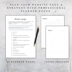 K&ouml;nnte beinhalten: Eine schwarz-wei&szlig;e Planerseite mit dem Titel "Startseite" und einer Checkliste von Website-Elementen, die zu ber&uuml;cksichtigen sind. Die Checkliste enth&auml;lt Elemente wie "Bannerbild", "Text, der teilt, wem Sie helfen und wie Sie ihnen helfen k&ouml;nnen", und "Social-Media-Links". Die Seite enth&auml;lt auch den Text "40 Planerseiten" und "Notizen enthalten".