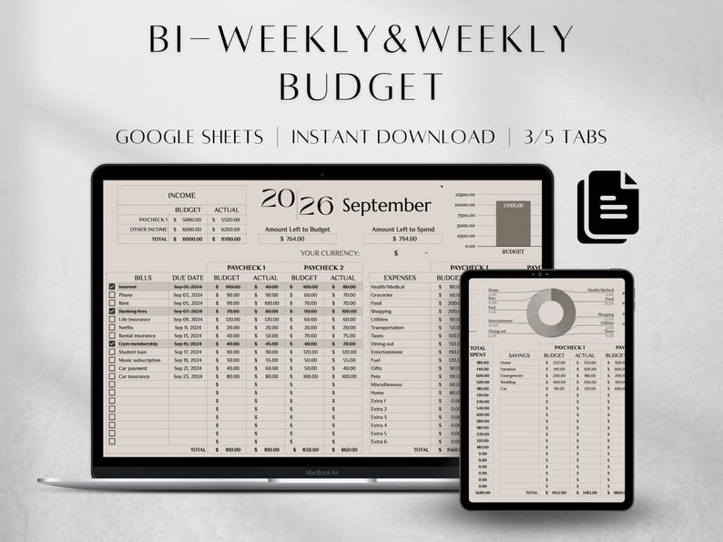 Budget Planner | Biweekly Budget Template Google Sheets | Monthly Expense Bill Income | Debt Savings Tracker Spreadsheet, Budget Binder image 1